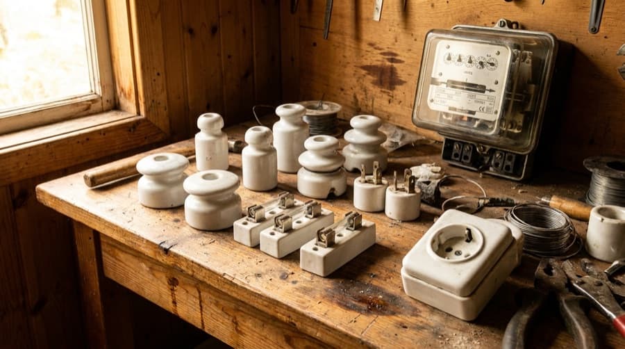 Porcelaine électrotechnique : isolateurs en porcelaine, coupe-circuits, prise et compteur électrique analogique — l'ère électrique de GooPlast, 1977