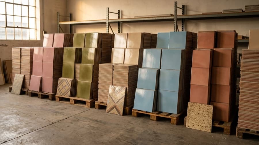 Carreaux de faïence empilés : carrelage mural et de sol émaillé aux tons pastel et terre — l'ère céramique de GooPlast, 1990